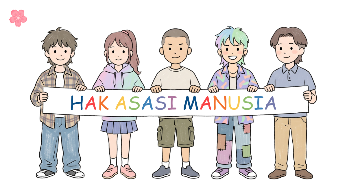 Lima remaja memegang spanduk bertuliskan Hak Asasi Manusia